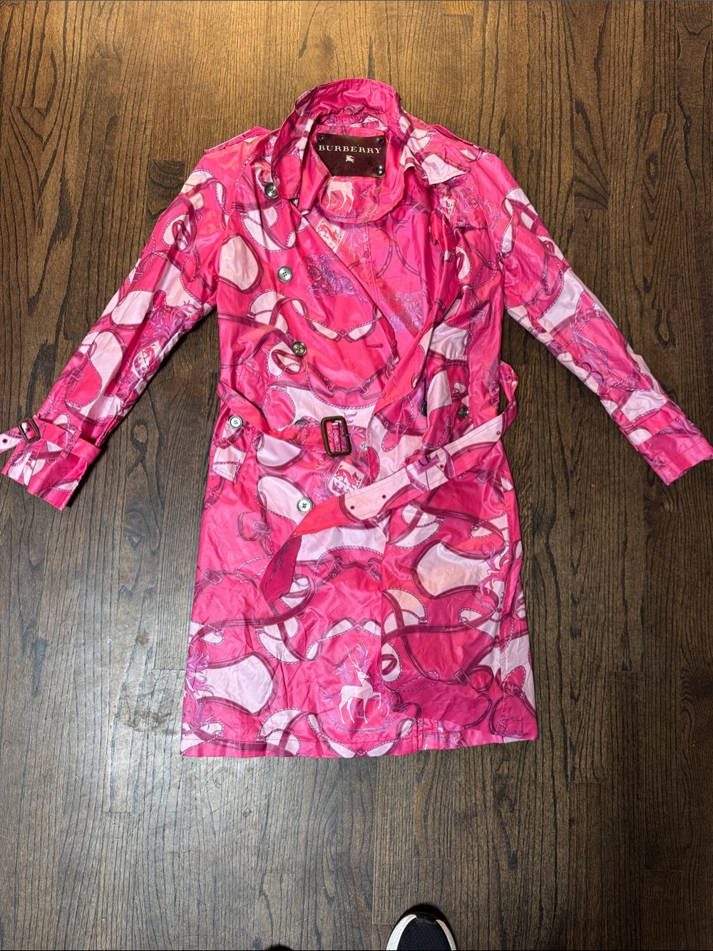 Burberry Hot Pink Printed Belted Trench Coat